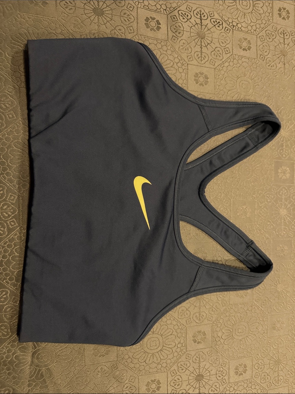 Nike Women's Navy Racerback Sports Bra with Yellow Swoosh